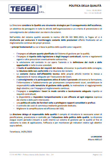 Certificazioni Politica Interna Qualità